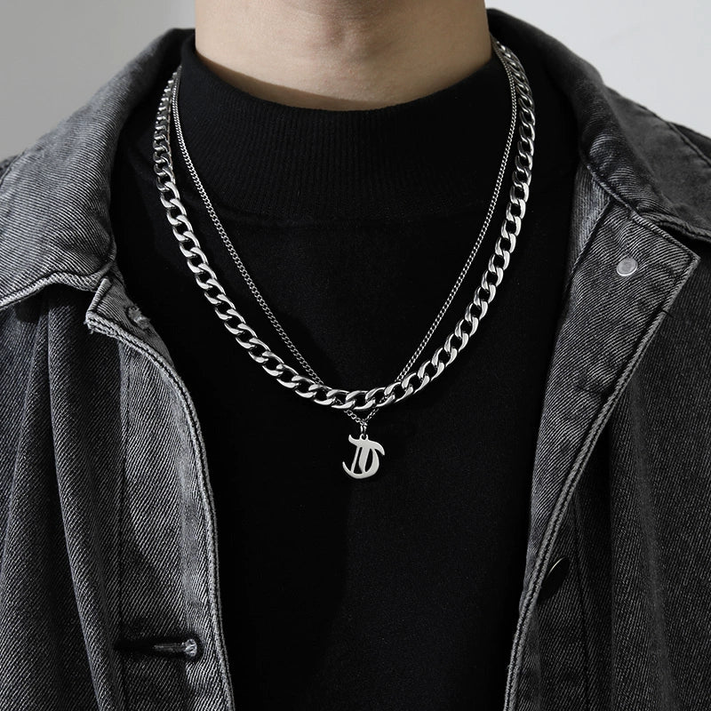 Cuban Alphabet Trendy Hip Hop Men Titanium Steel Pendant Necklace