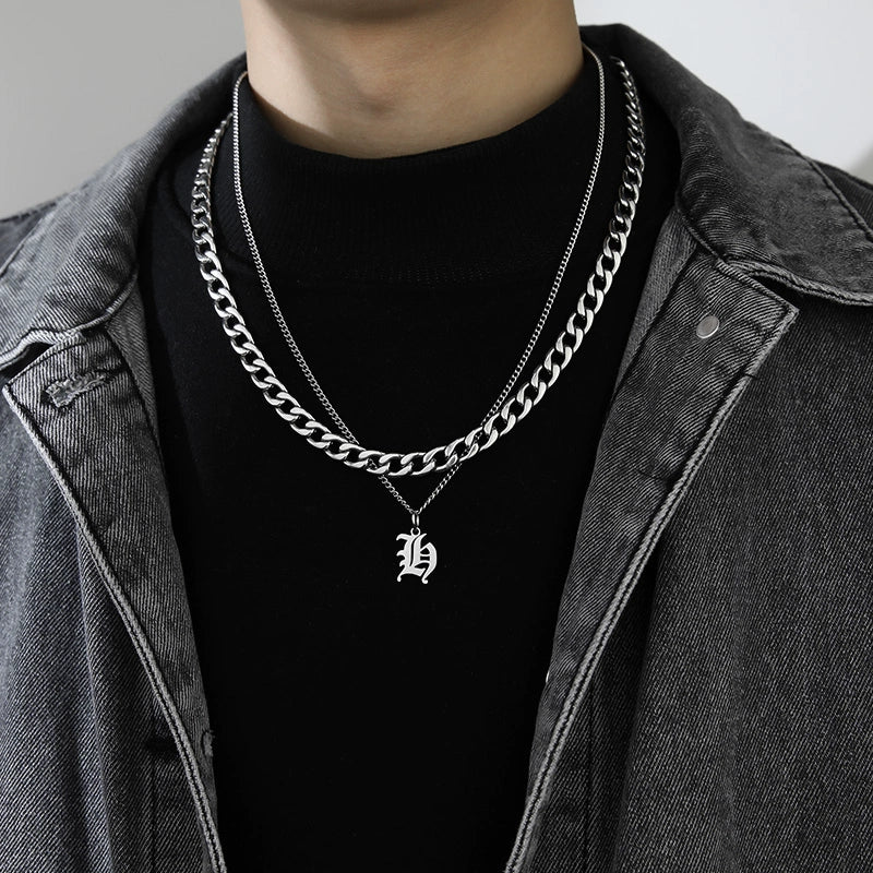 Cuban Alphabet Trendy Hip Hop Men Titanium Steel Pendant Necklace