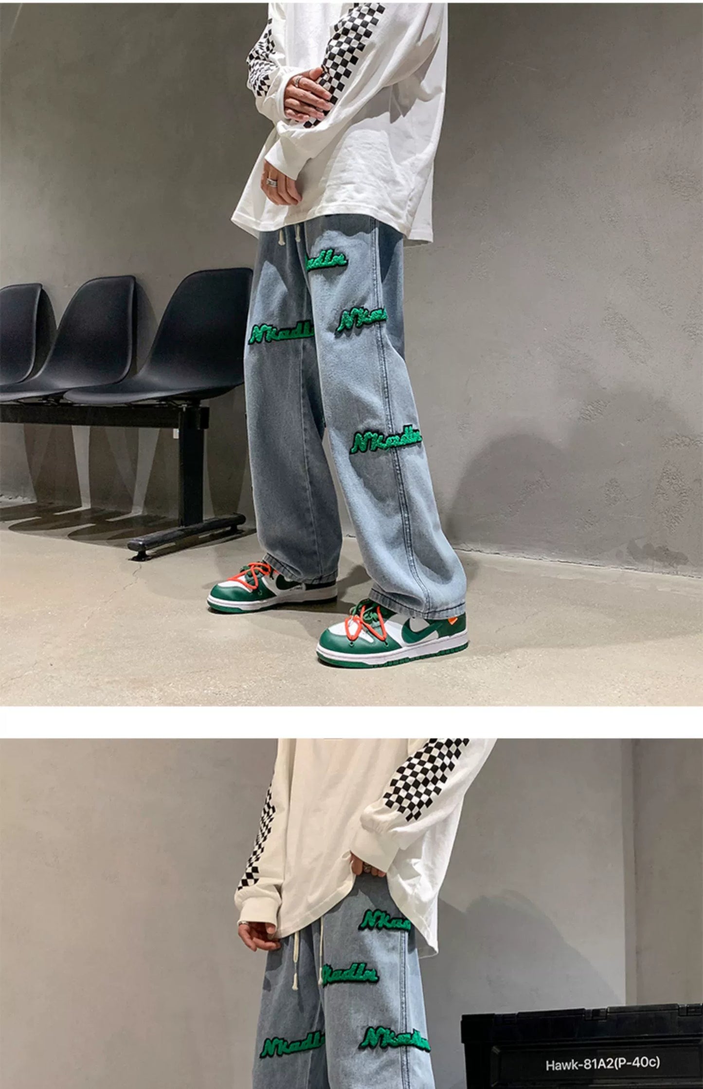 Street Fashion Brand Men's Loose Flocking Embroidered Jeans