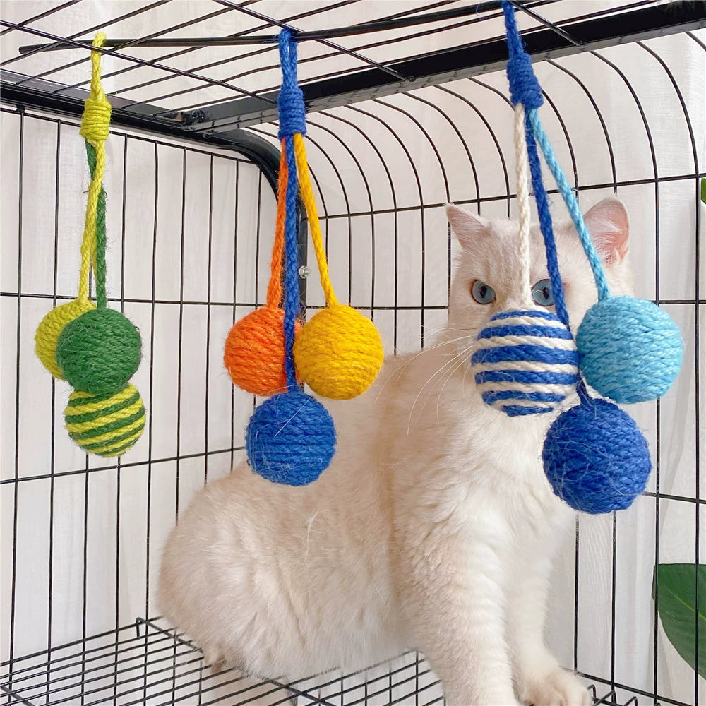 Hanging Cat Toy Self-Hi Colored Hemp Rope Ball Kittens Cat Teaser Suitable for Cat Cage Cat Toy