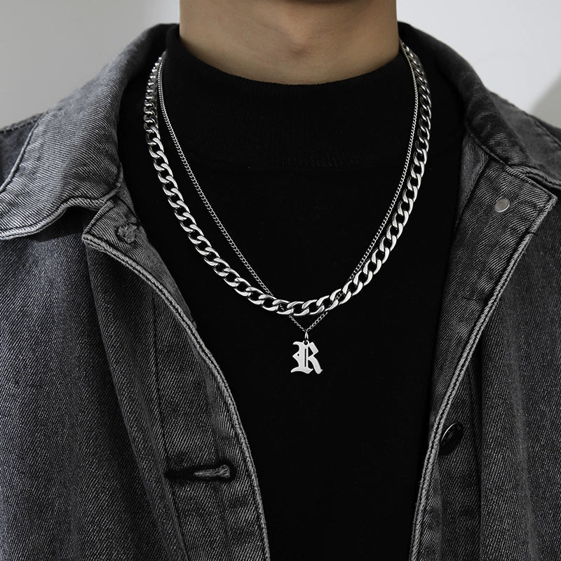 Cuban Alphabet Trendy Hip Hop Men Titanium Steel Pendant Necklace