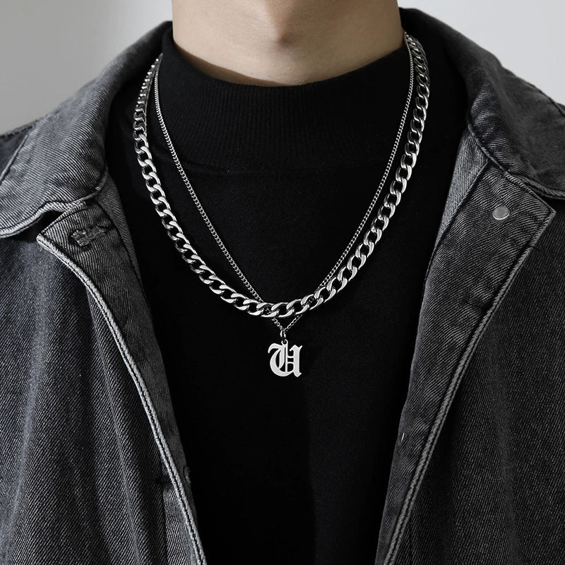 Cuban Alphabet Trendy Hip Hop Men Titanium Steel Pendant Necklace