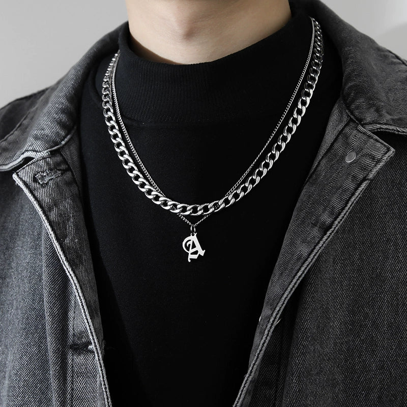 Cuban Alphabet Trendy Hip Hop Men Titanium Steel Pendant Necklace