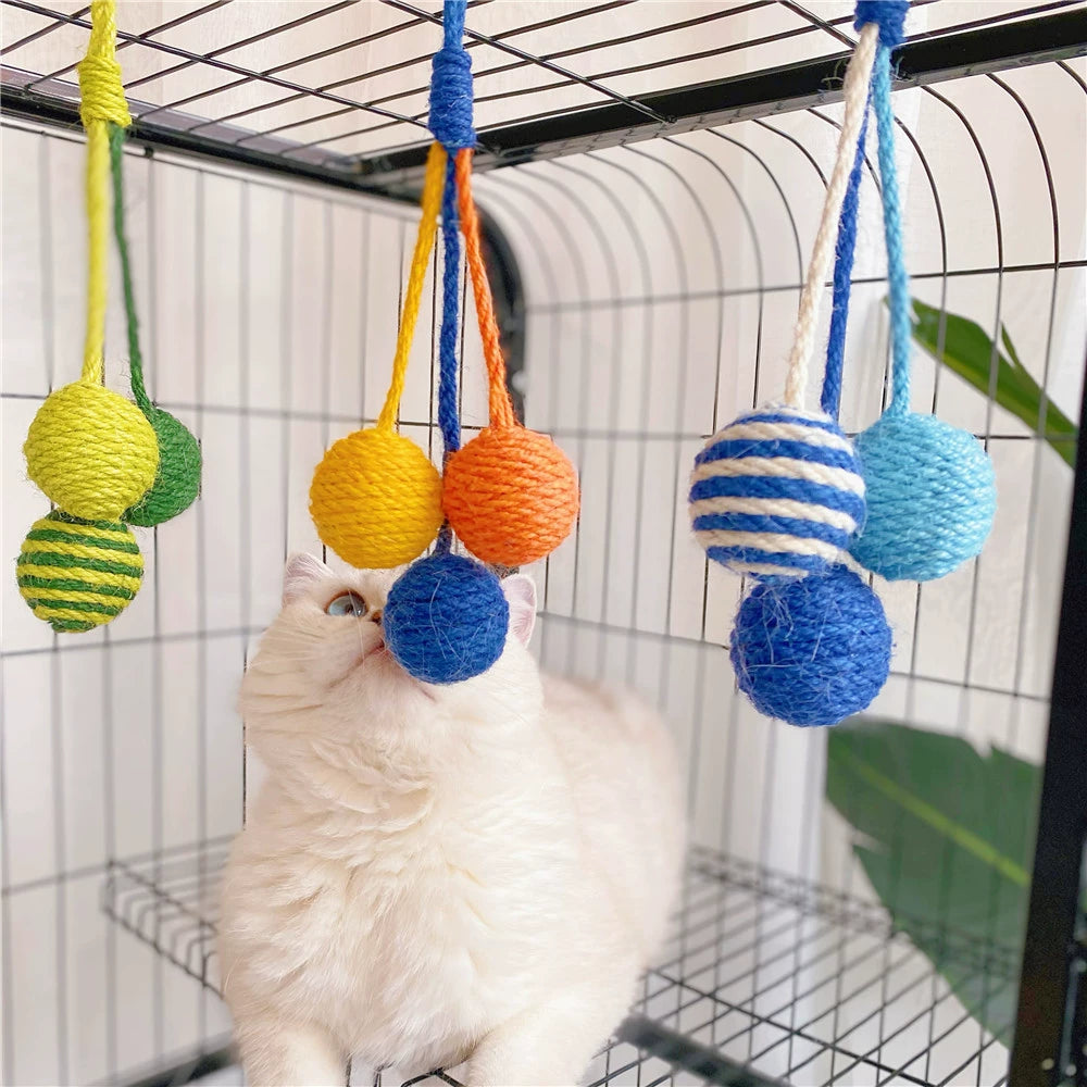 Hanging Cat Toy Self-Hi Colored Hemp Rope Ball Kittens Cat Teaser Suitable for Cat Cage Cat Toy