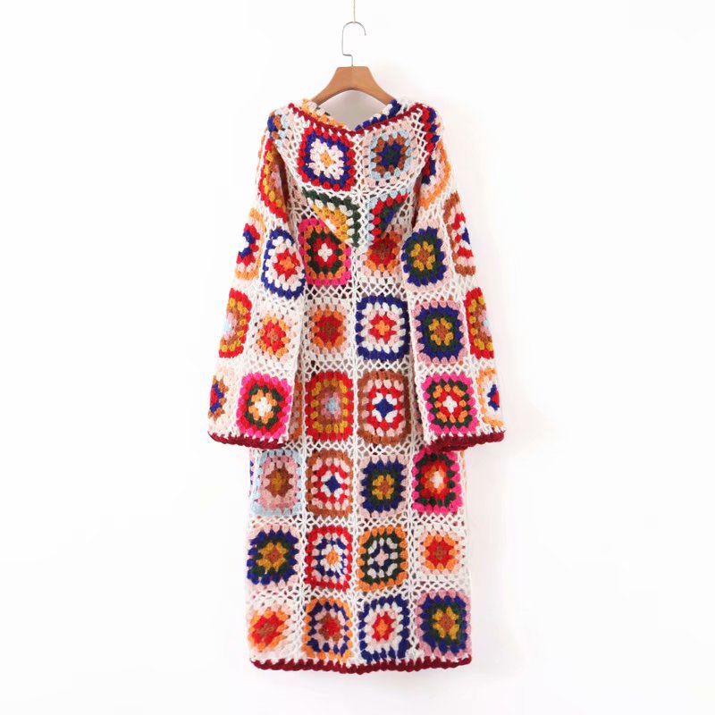 Multicolor Handmade Crochet Hooded Cardigan Oversized Tassel Long