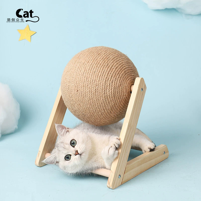 Cat Scratch Board Wooden Cat Grasping Ball Cat Grinding Claw Hand Wrapped Sisal Hemp Rope Cat Climbing Frame Scratching Pole Scratch-Resistant Cat Toy