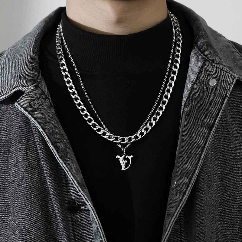 Cuban Alphabet Trendy Hip Hop Men Titanium Steel Pendant Necklace