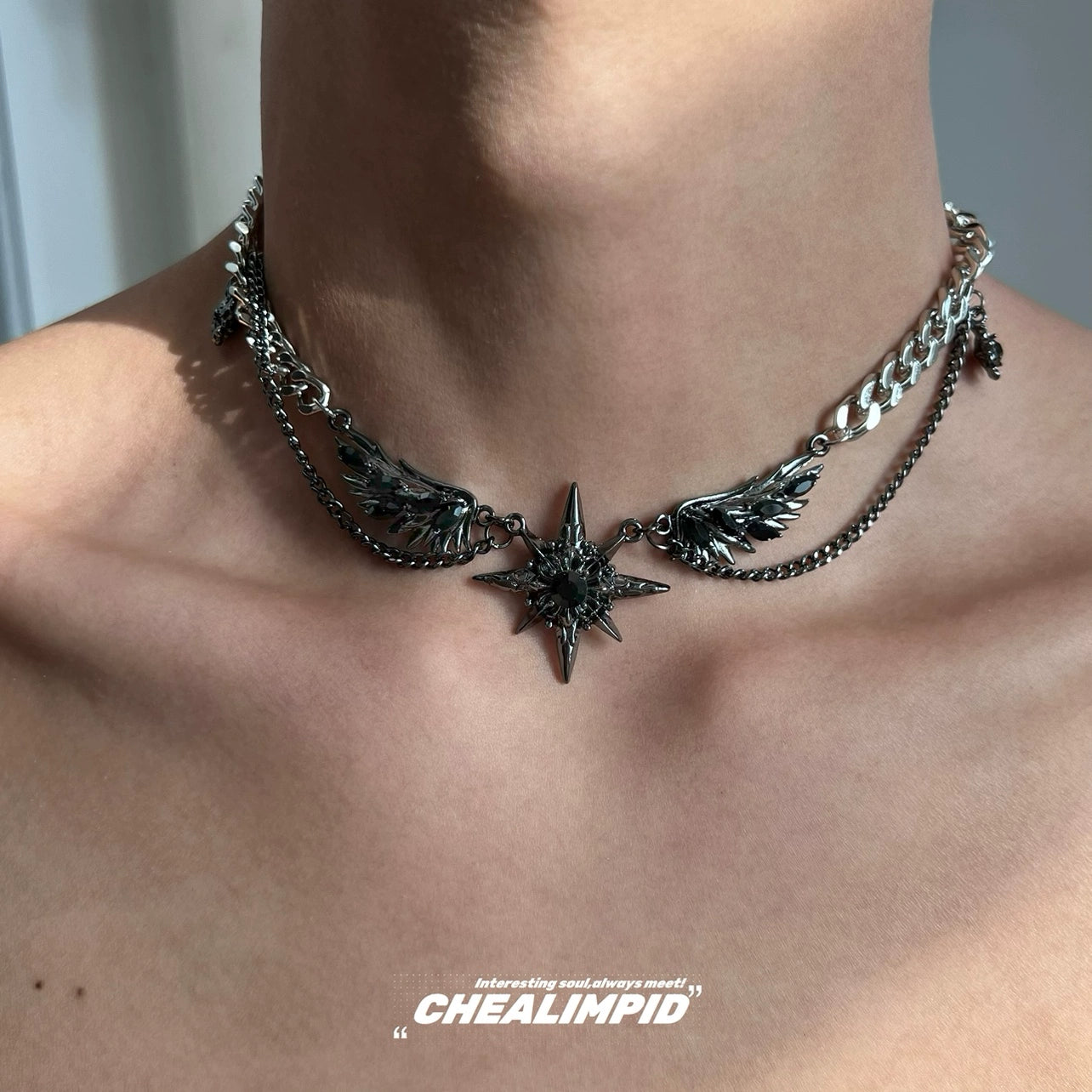 Dark Style Mangstar Gem Diamond Wings Hip-Hop Street Necklace Men and Women Niche Original Design Fancy Necklace