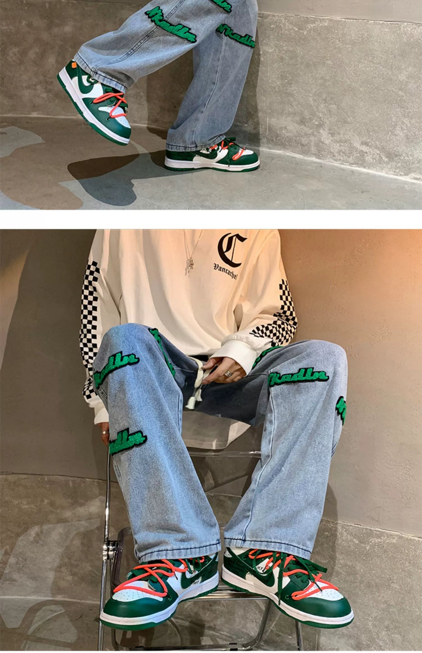 Street Fashion Brand Men's Loose Flocking Embroidered Jeans