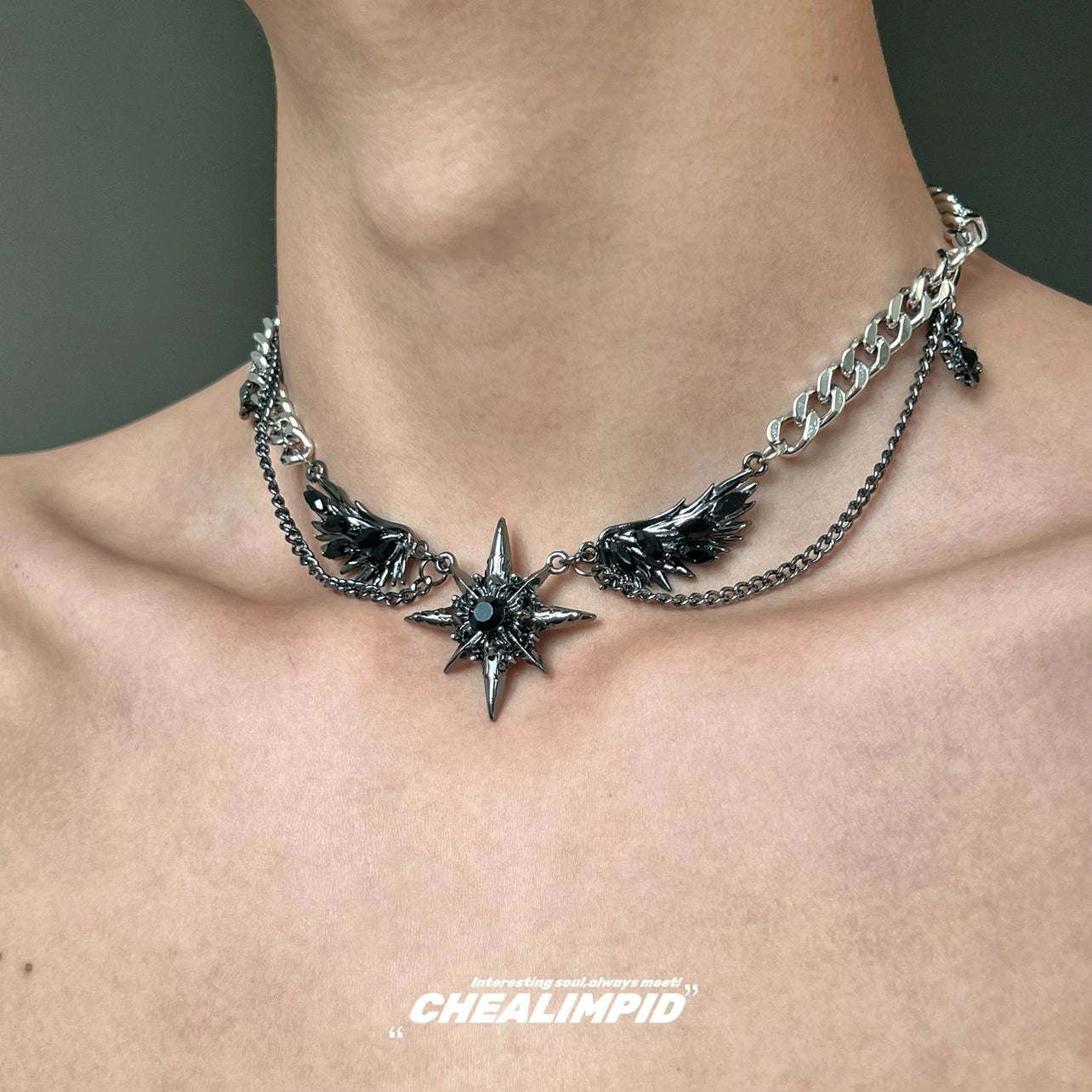 Dark Style Mangstar Gem Diamond Wings Hip-Hop Street Necklace Men and Women Niche Original Design Fancy Necklace