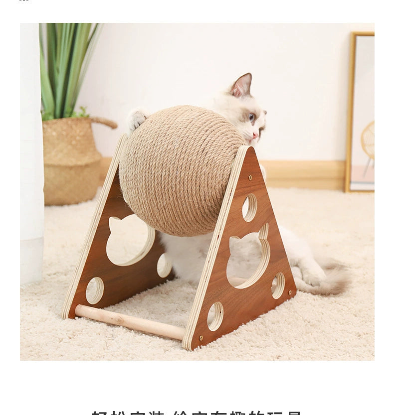 Cat Scratch Board Wooden Cat Grasping Ball Cat Grinding Claw Hand Wrapped Sisal Hemp Rope Cat Climbing Frame Scratching Pole Scratch-Resistant Cat Toy