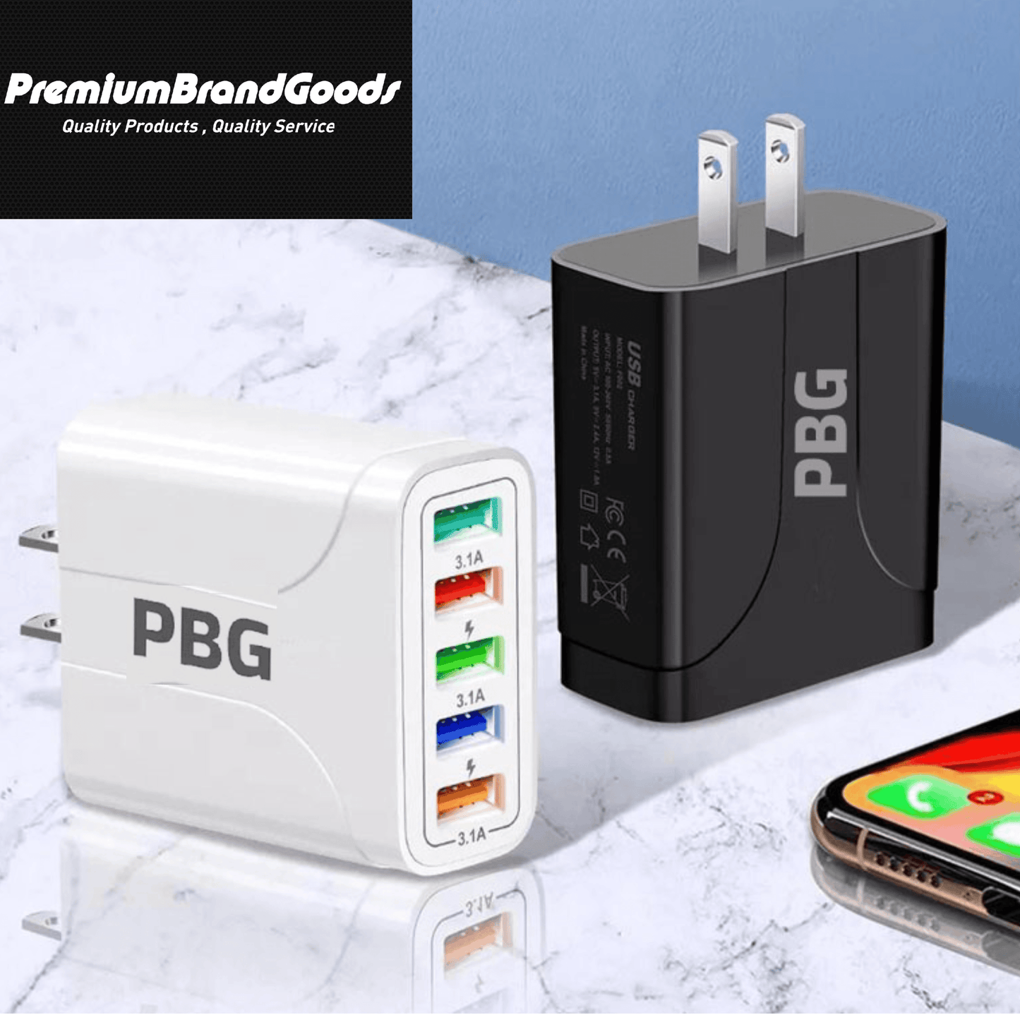 PBG White 5-Port LED Wall Charger & 3-in-1 Nylon Braided Fast Charging