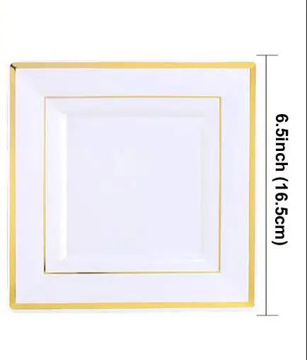 Premium Disposable Plastic Plates, Heavyweight Gold Rim Dinner Plastic Plates Salad/Dessert Plates for Wedding,Party