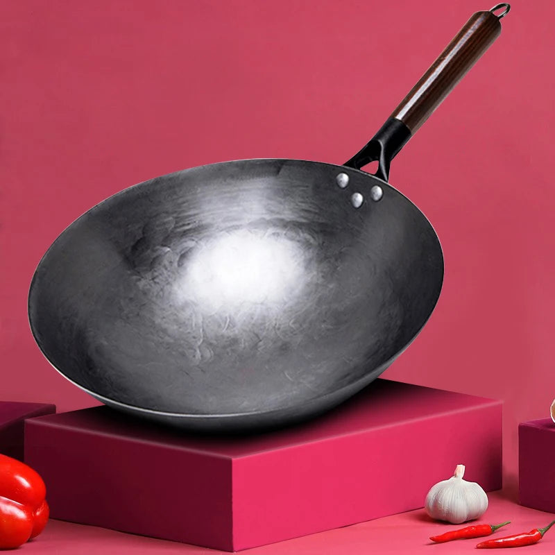 Traditional iron wok,Non-coating Woks Hand forged  For Kitchen PanWooden Handle Wok Kitchen Gas Pot Cookware