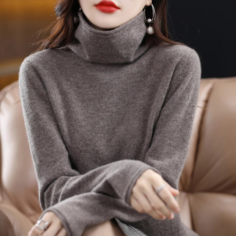 Cashmere Sweater - High Stacked Collar - Long Sleeve - Knitted