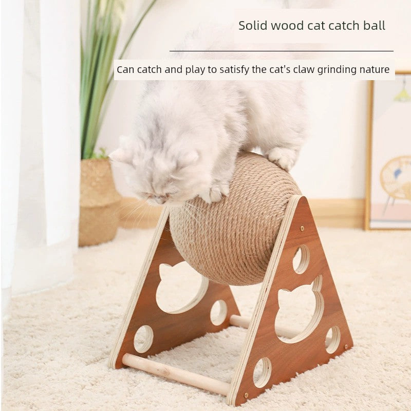 Cat Scratch Board Wooden Cat Grasping Ball Cat Grinding Claw Hand Wrapped Sisal Hemp Rope Cat Climbing Frame Scratching Pole Scratch-Resistant Cat Toy