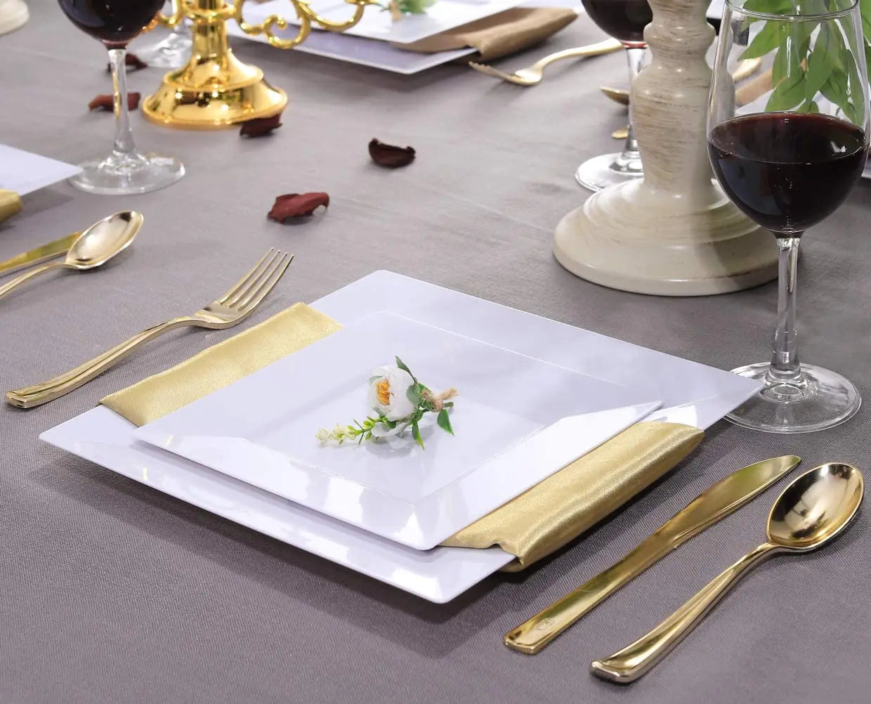 Premium Disposable Plastic Plates, Heavyweight Gold Rim Dinner Plastic Plates Salad/Dessert Plates for Wedding,Party