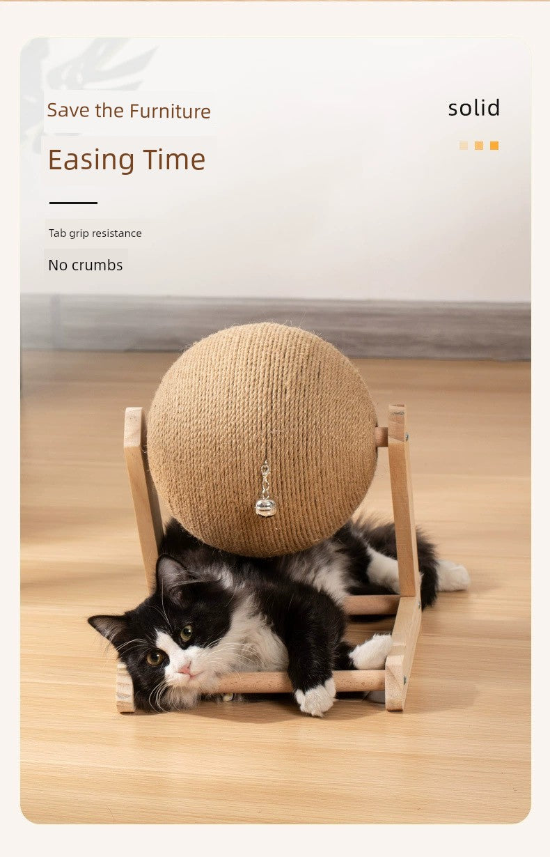 Cat Scratch Board Wooden Cat Grasping Ball Cat Grinding Claw Hand Wrapped Sisal Hemp Rope Cat Climbing Frame Scratching Pole Scratch-Resistant Cat Toy