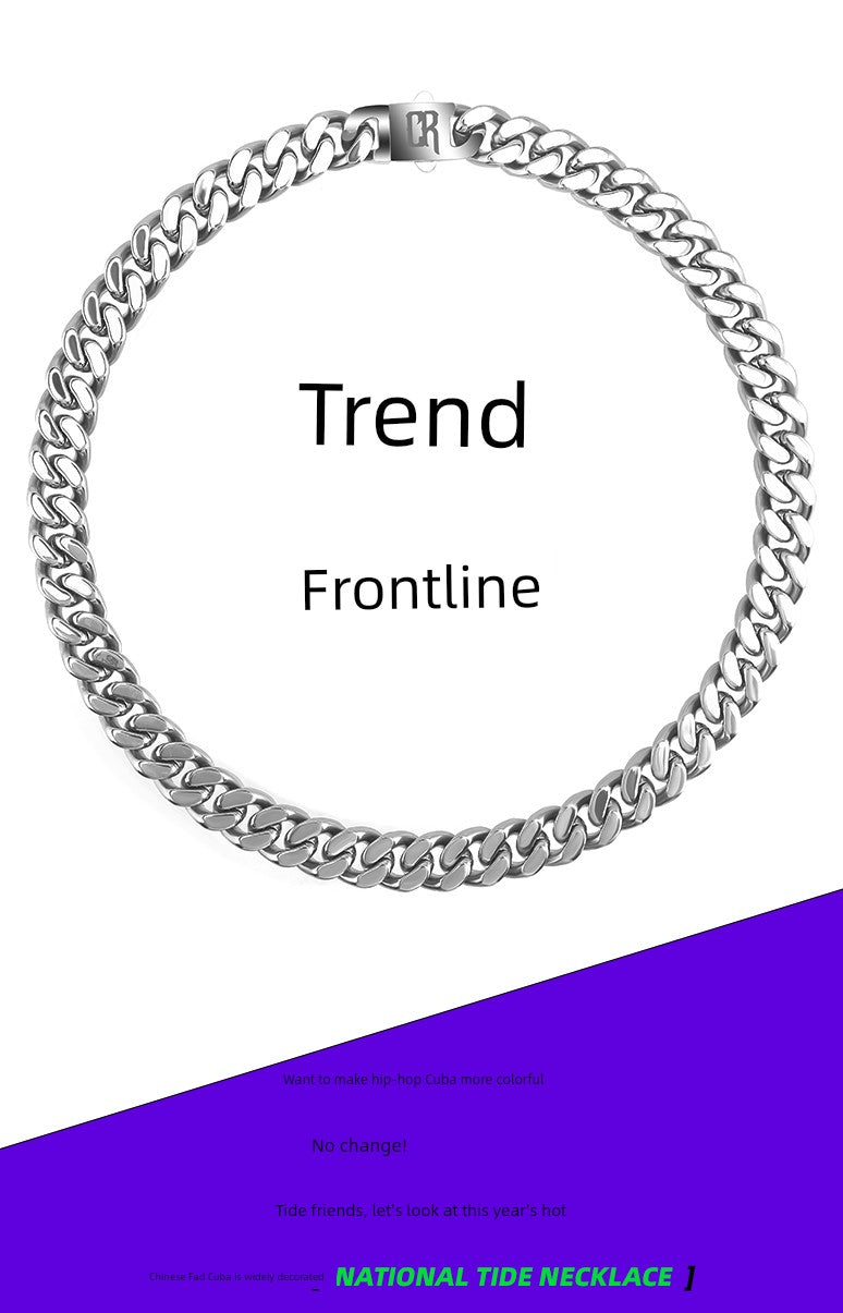 [Same Style with Wang Heyi] Cooraree Encrypted Four-Sided Grinding Cuban Necklace Boys Trend Hip Hop Titanium Steel Necklace