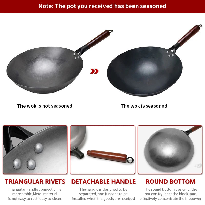 Traditional iron wok,Non-coating Woks Hand forged  For Kitchen PanWooden Handle Wok Kitchen Gas Pot Cookware