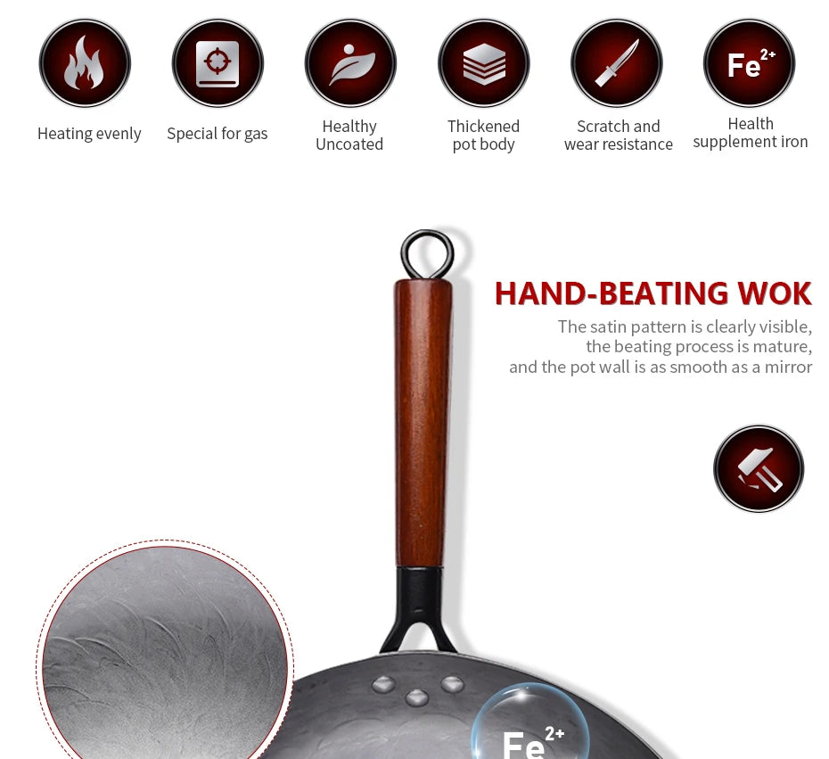 Traditional iron wok,Non-coating Woks Hand forged  For Kitchen PanWooden Handle Wok Kitchen Gas Pot Cookware