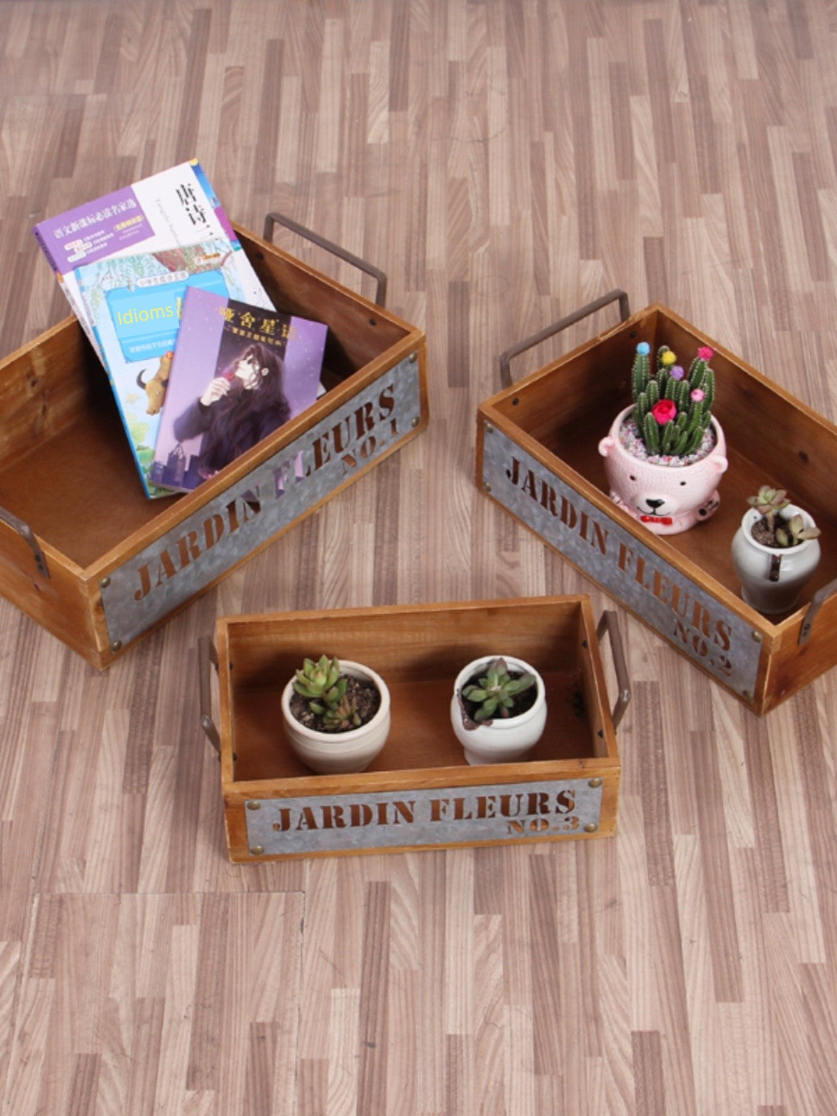 Industrial Style Balcony Succulent Wooden Tray Large Small Size Retro Home Desktop Storage Box Iron Solid Wood Box with Handle