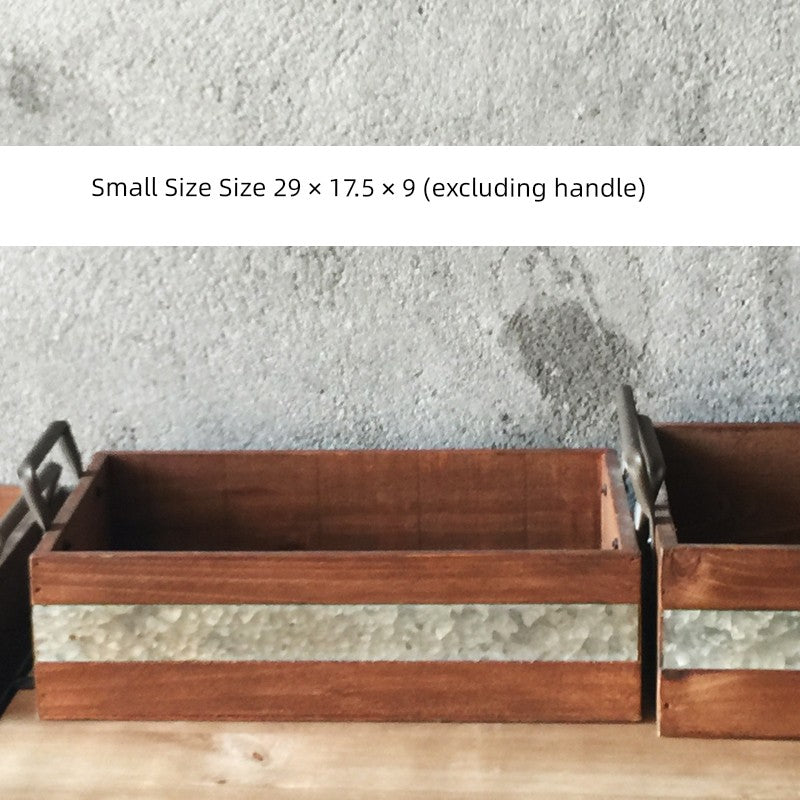 Industrial Style Balcony Succulent Wooden Tray Large Small Size Retro Home Desktop Storage Box Iron Solid Wood Box with Handle