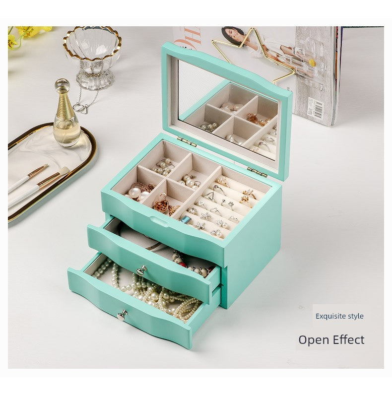 High-End Princess Jewelry Box Ring Box Solid Wood with Lock and Mirror Earrings Jewelry Dressing Table Storage Box Large