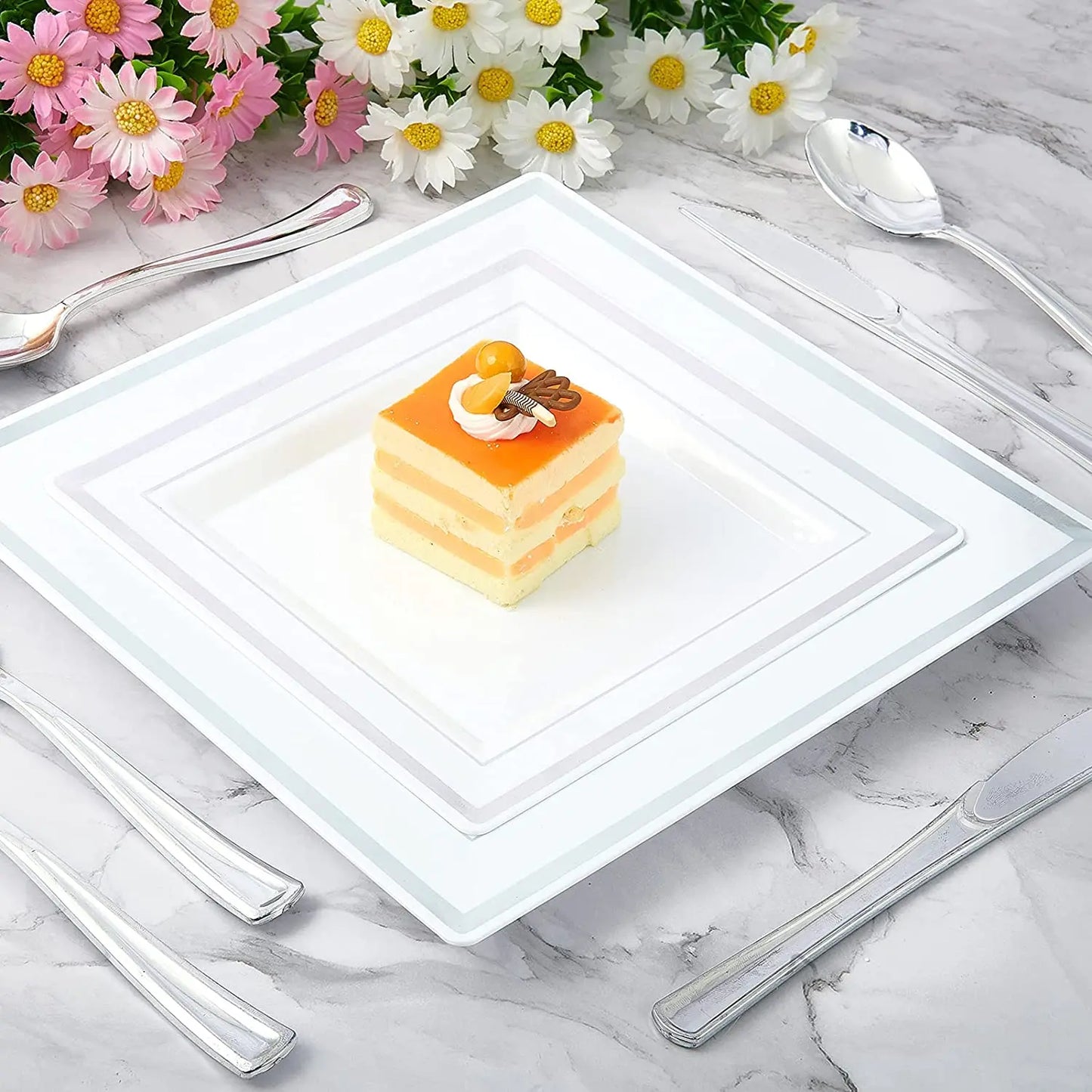 Premium Disposable Plastic Plates, Heavyweight Gold Rim Dinner Plastic Plates Salad/Dessert Plates for Wedding,Party