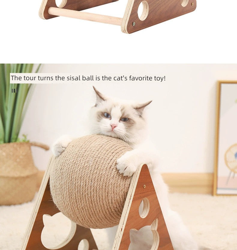 Cat Scratch Board Wooden Cat Grasping Ball Cat Grinding Claw Hand Wrapped Sisal Hemp Rope Cat Climbing Frame Scratching Pole Scratch-Resistant Cat Toy