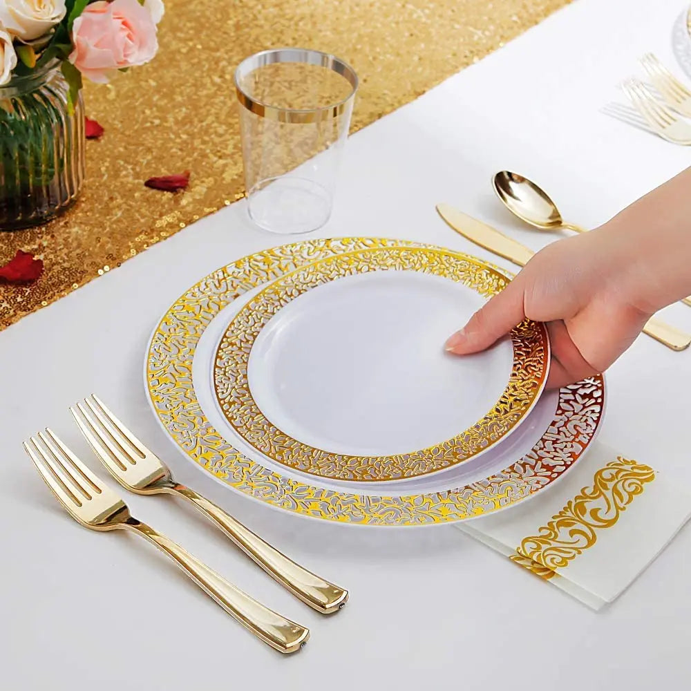 40pcs Gold Plastic Plates,Dinner Plates and Salad Plates Combo,Disposable Heavy Duty Plastic Plates for Parties Wedding