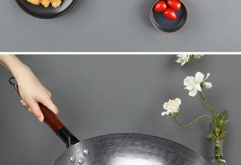 Traditional iron wok,Non-coating Woks Hand forged  For Kitchen PanWooden Handle Wok Kitchen Gas Pot Cookware