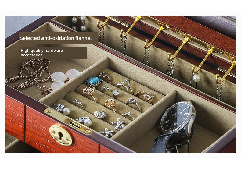 High-End Princess Jewelry Box Ring Box Solid Wood with Lock and Mirror Earrings Jewelry Dressing Table Storage Box Large