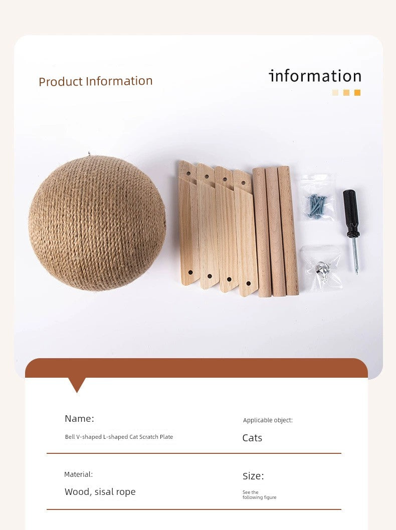 Cat Scratch Board Wooden Cat Grasping Ball Cat Grinding Claw Hand Wrapped Sisal Hemp Rope Cat Climbing Frame Scratching Pole Scratch-Resistant Cat Toy