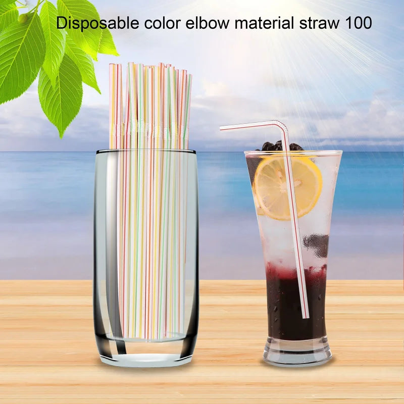 100Pcs/set Plastic Drinking Straws 21cm Long Multi-Colored Striped Disposable Straws Party Multi Colored Rainbow Straw