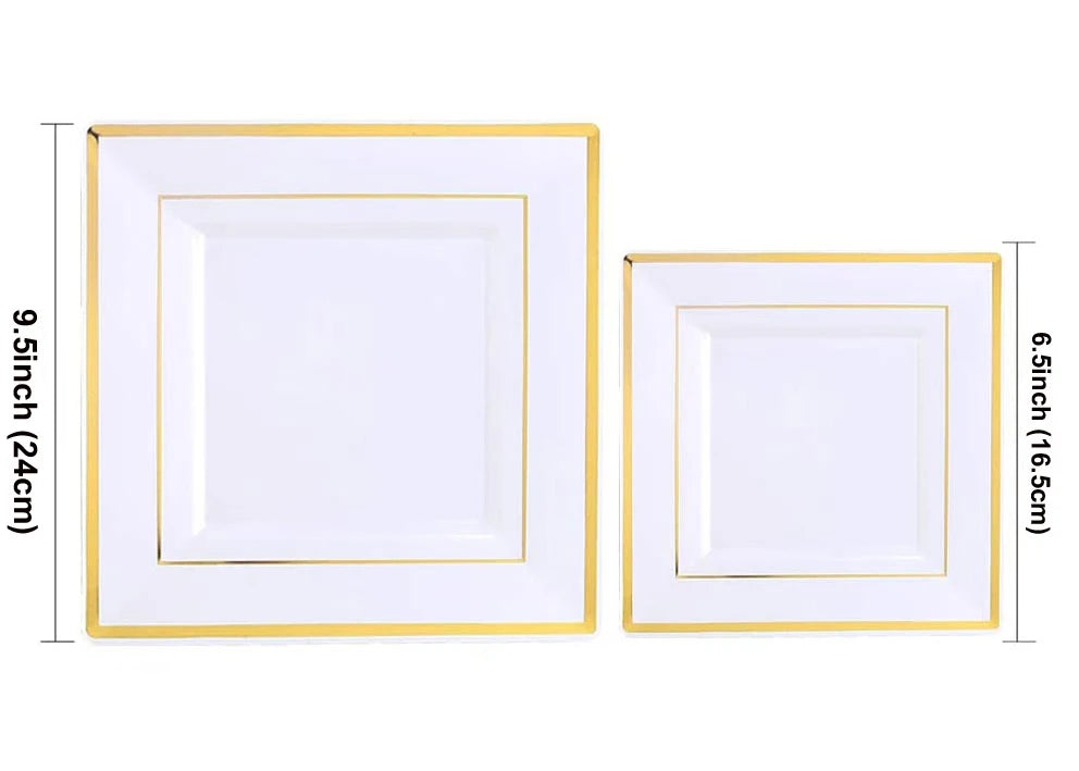 Premium Disposable Plastic Plates, Heavyweight Gold Rim Dinner Plastic Plates Salad/Dessert Plates for Wedding,Party