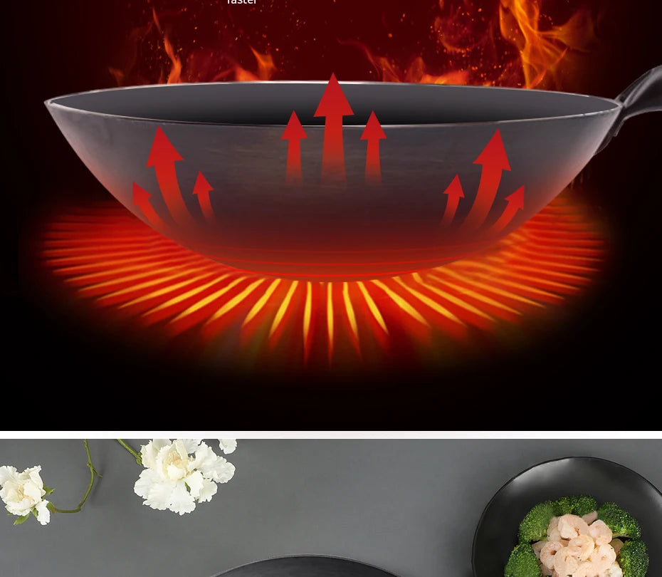 Traditional iron wok,Non-coating Woks Hand forged  For Kitchen PanWooden Handle Wok Kitchen Gas Pot Cookware