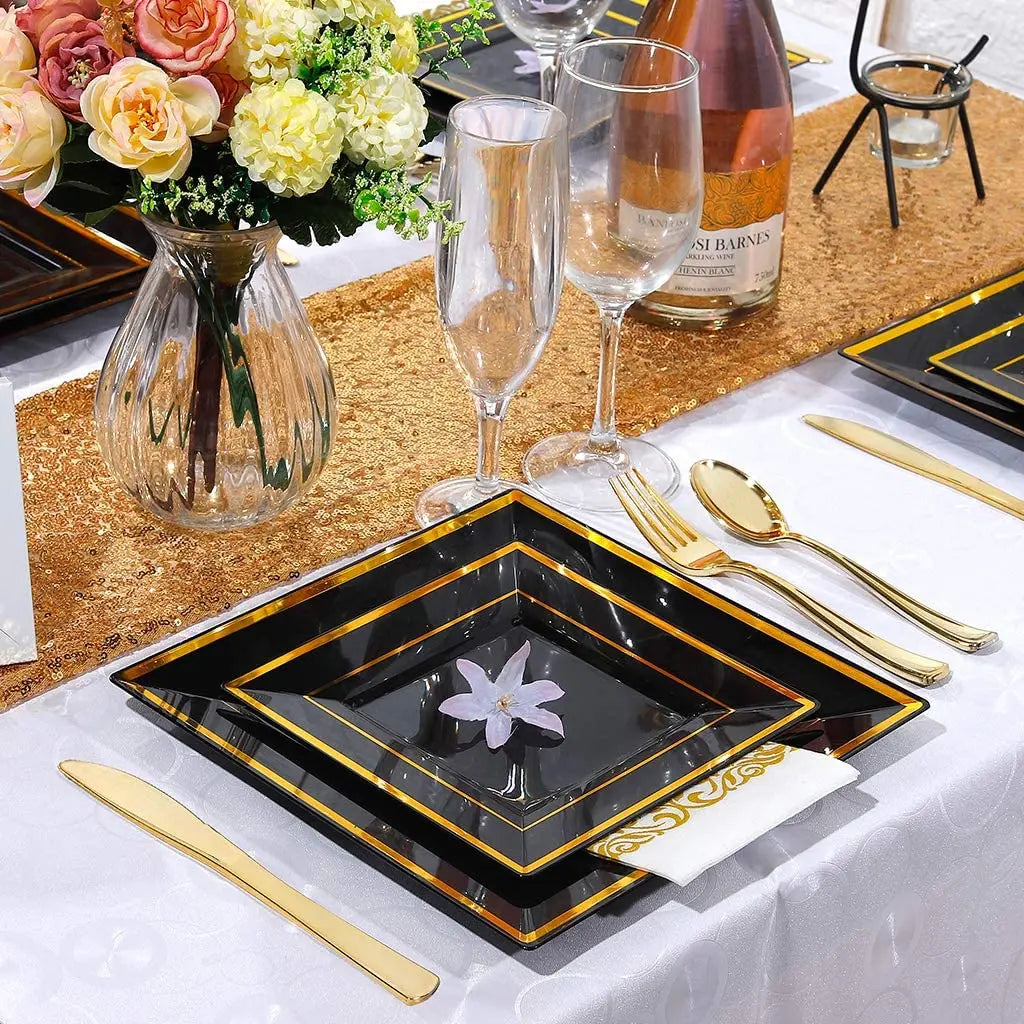 Premium Disposable Plastic Plates, Heavyweight Gold Rim Dinner Plastic Plates Salad/Dessert Plates for Wedding,Party