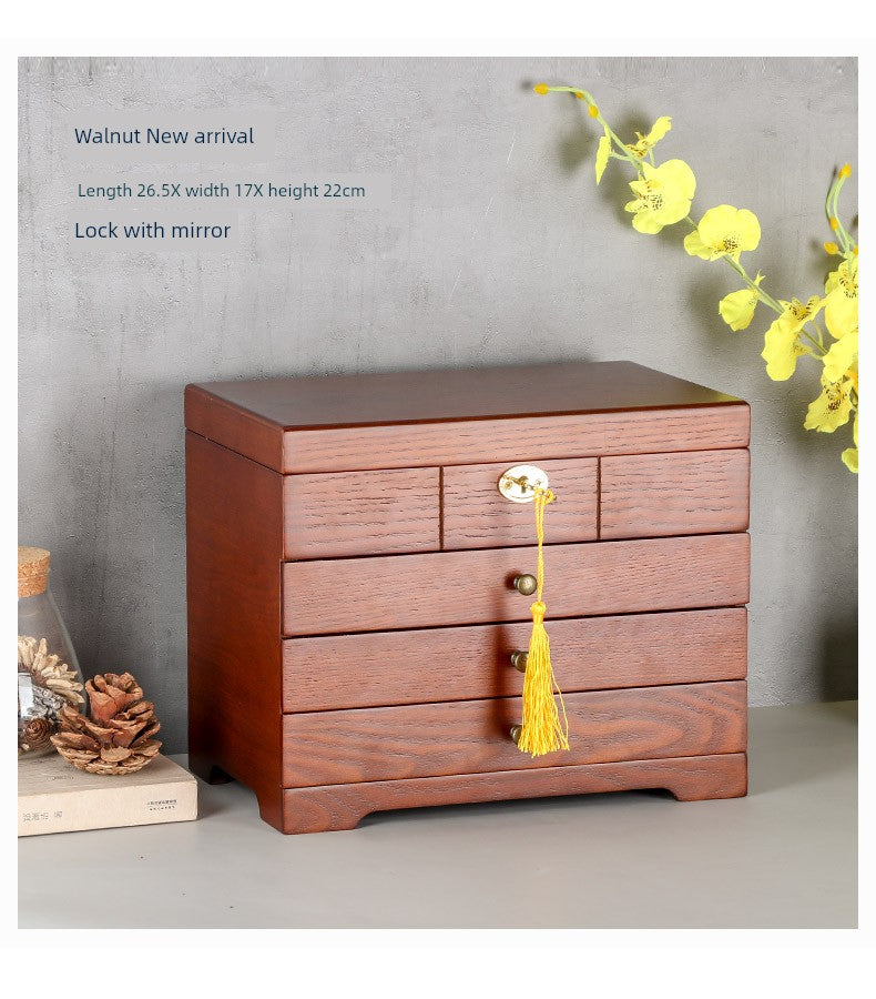 High-End Princess Jewelry Box Ring Box Solid Wood with Lock and Mirror Earrings Jewelry Dressing Table Storage Box Large