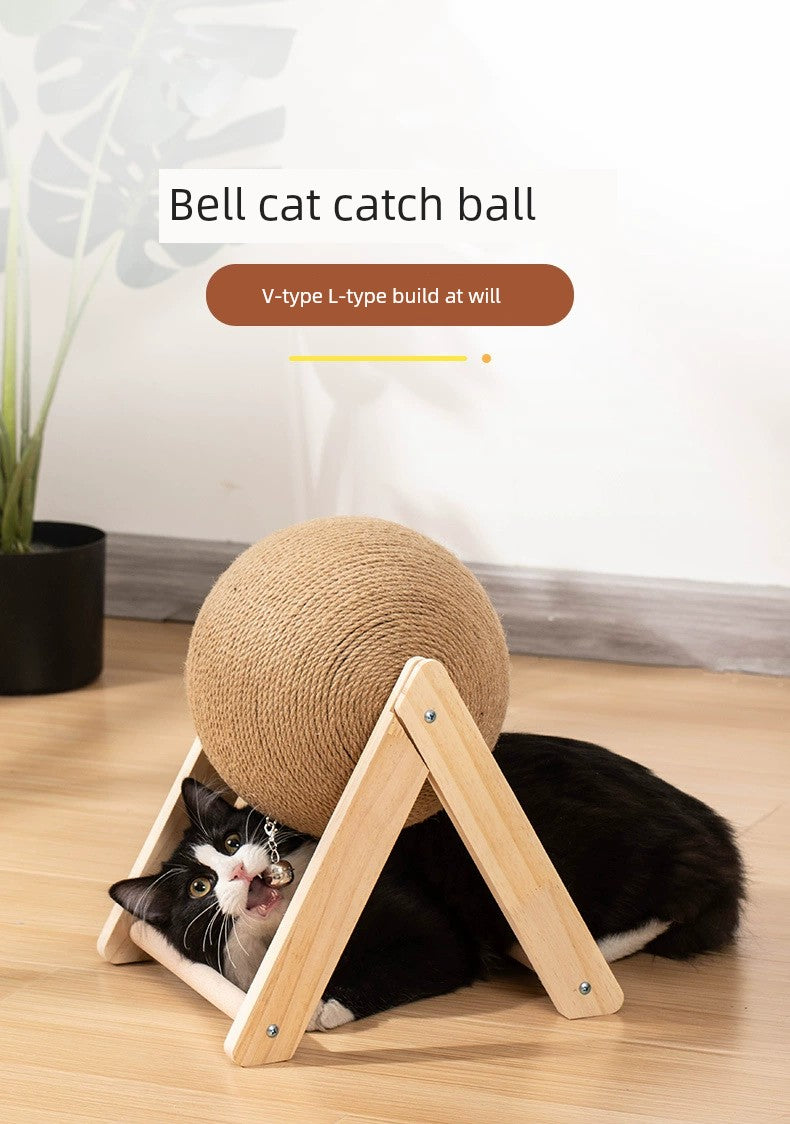 Cat Scratch Board Wooden Cat Grasping Ball Cat Grinding Claw Hand Wrapped Sisal Hemp Rope Cat Climbing Frame Scratching Pole Scratch-Resistant Cat Toy