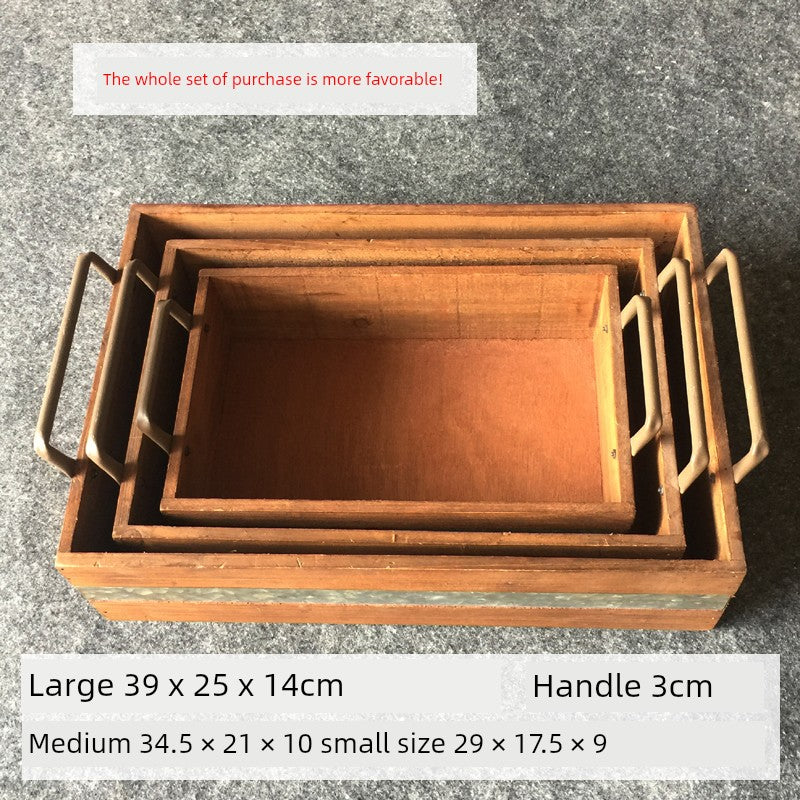 Industrial Style Balcony Succulent Wooden Tray Large Small Size Retro Home Desktop Storage Box Iron Solid Wood Box with Handle