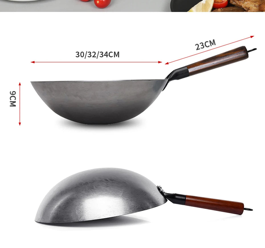 Traditional iron wok,Non-coating Woks Hand forged  For Kitchen PanWooden Handle Wok Kitchen Gas Pot Cookware