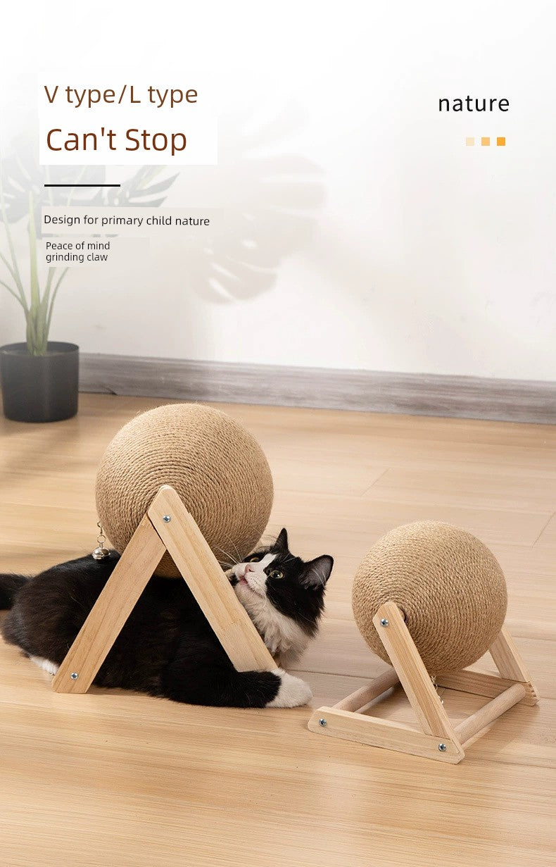 Cat Scratch Board Wooden Cat Grasping Ball Cat Grinding Claw Hand Wrapped Sisal Hemp Rope Cat Climbing Frame Scratching Pole Scratch-Resistant Cat Toy