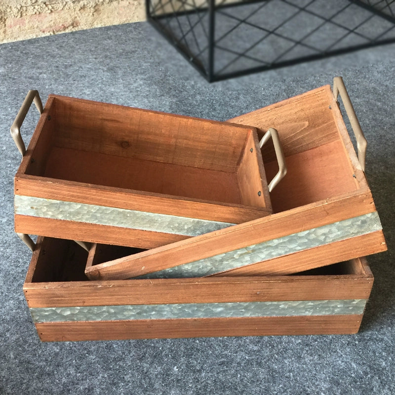 Industrial Style Balcony Succulent Wooden Tray Large Small Size Retro Home Desktop Storage Box Iron Solid Wood Box with Handle