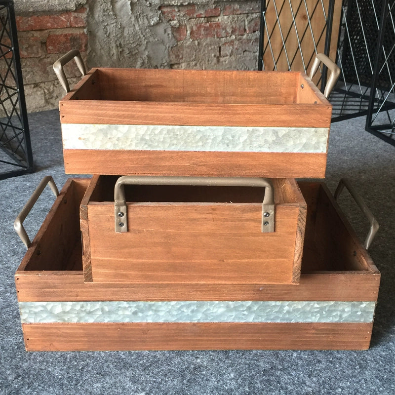 Industrial Style Balcony Succulent Wooden Tray Large Small Size Retro Home Desktop Storage Box Iron Solid Wood Box with Handle