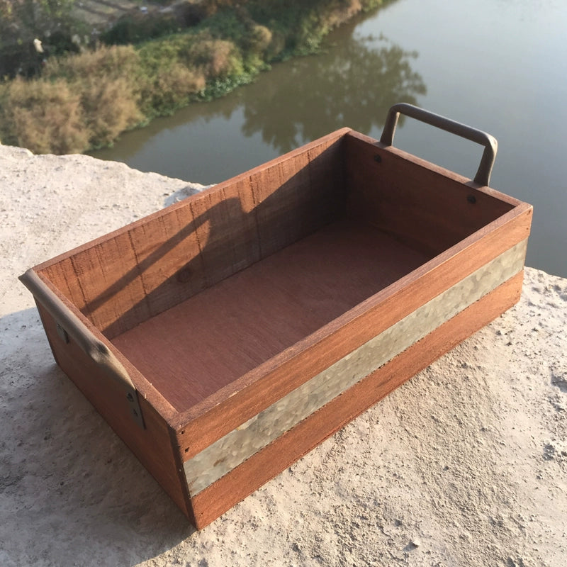 Industrial Style Balcony Succulent Wooden Tray Large Small Size Retro Home Desktop Storage Box Iron Solid Wood Box with Handle