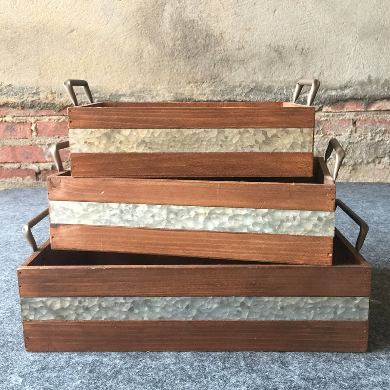 Industrial Style Balcony Succulent Wooden Tray Large Small Size Retro Home Desktop Storage Box Iron Solid Wood Box with Handle