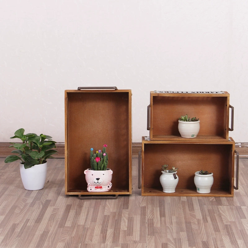 Industrial Style Balcony Succulent Wooden Tray Large Small Size Retro Home Desktop Storage Box Iron Solid Wood Box with Handle