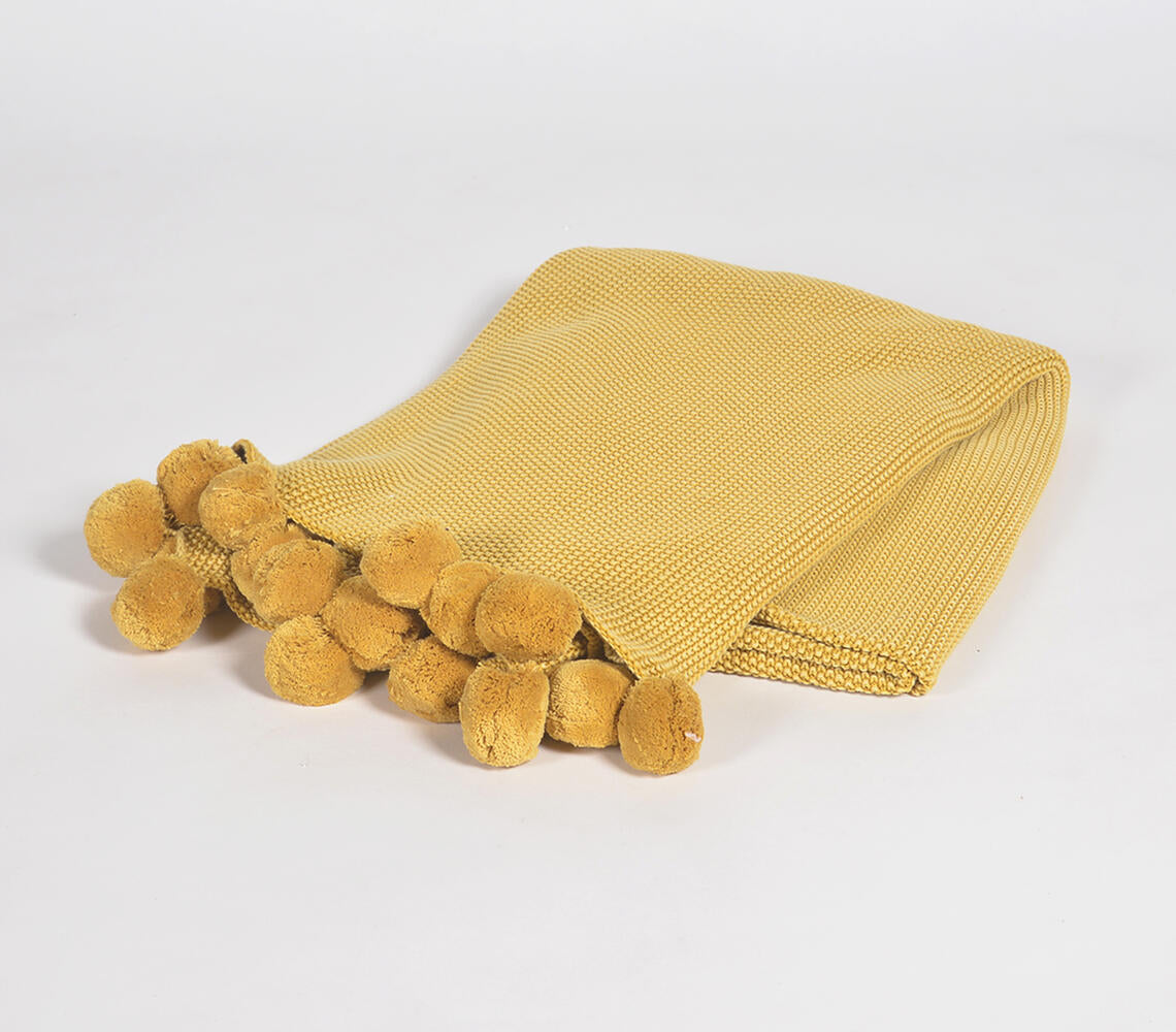Hand Knitted Cotton Mustard Pom-Pom Throw