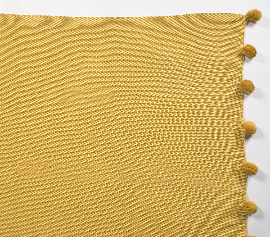 Hand Knitted Cotton Mustard Pom-Pom Throw